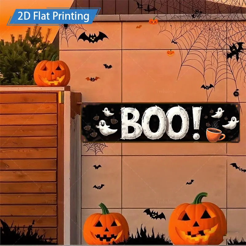 قطعة واحدة من لافتة معدنية، لافتة بو للهالوين مقاس 4 × 16 بوصة مع أشباح وقرع للديكور الاحتفالي #4