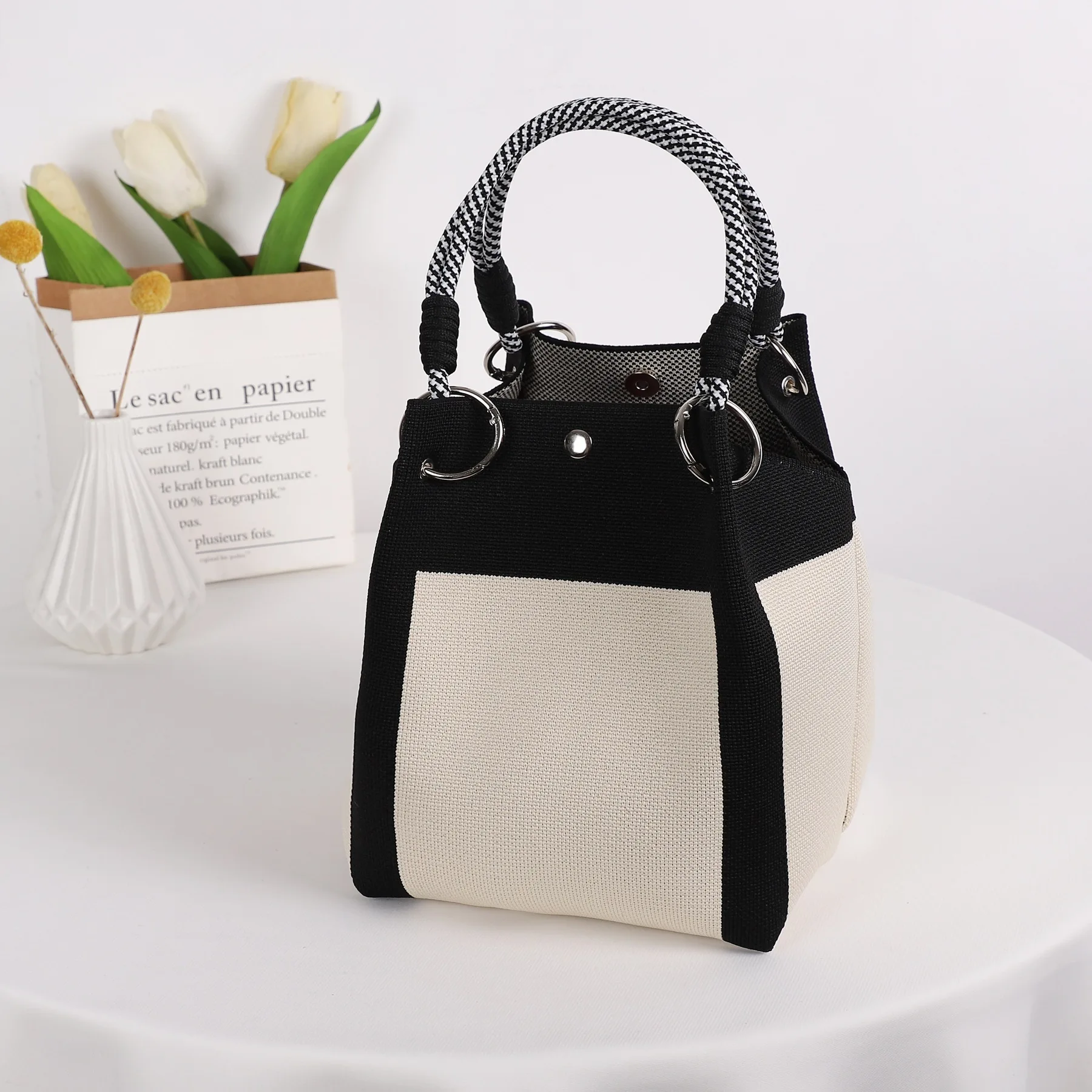 Geometric Mini Tote Bag Women Black Ivory Graphic Handbag Ring Handle Compact Daily Purse for Korean Style Outfits