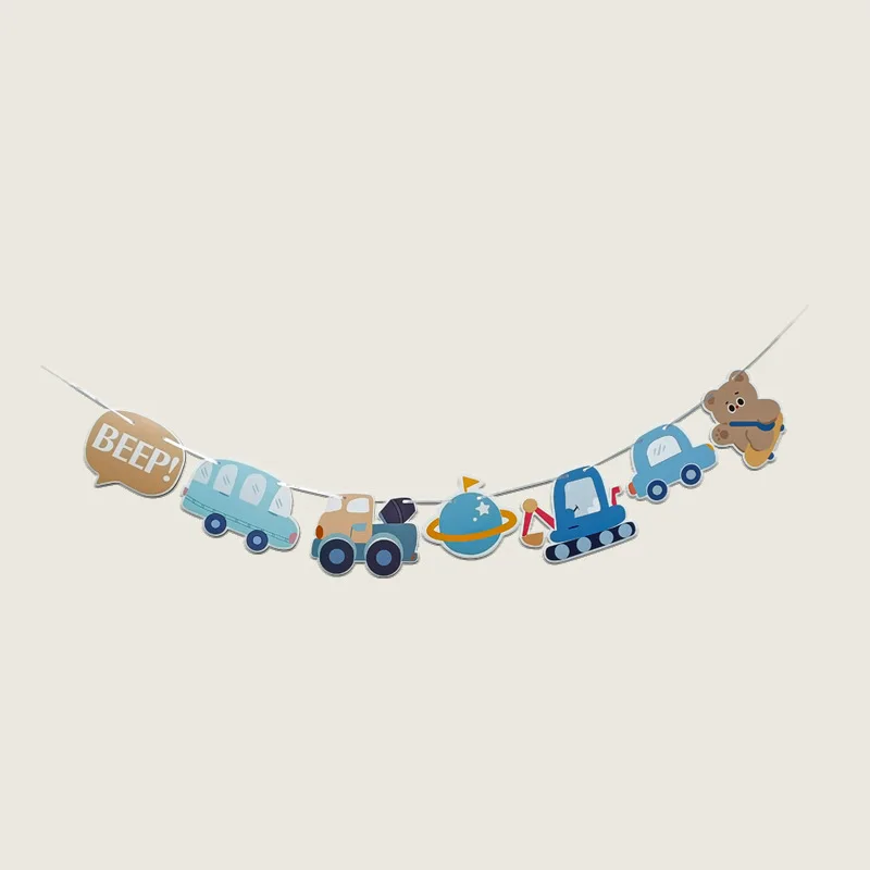 Blue Car Themed Happy Birthday Banner Party Decoration Tractor Excavator Flag Kids Boys Party Supplies Baby Shower