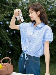 MISHOW Korean Casual Buckle Drawstring Striped Short Sleeve Shirt 2024 Summer 100 Cotton Lapel Neck Versatile Tops MXD25C0268