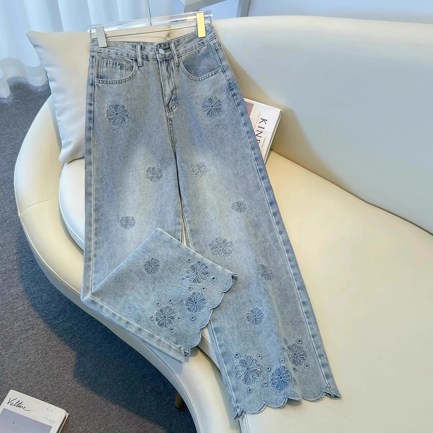 Damskie jeansy z szerokimi nogawkami, wzorzyste, streetwearowe, sprane, z wysokim stanem, proste spodnie z kieszeniami, vintage, długość do kostek, jesienne.