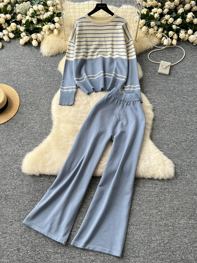 EWQ Women's Slim Round Neck Contrasting Color Striped Knitted Top Long Pants 2-piece Set Y2k Korean Fashion Autumn 2024 SM11647