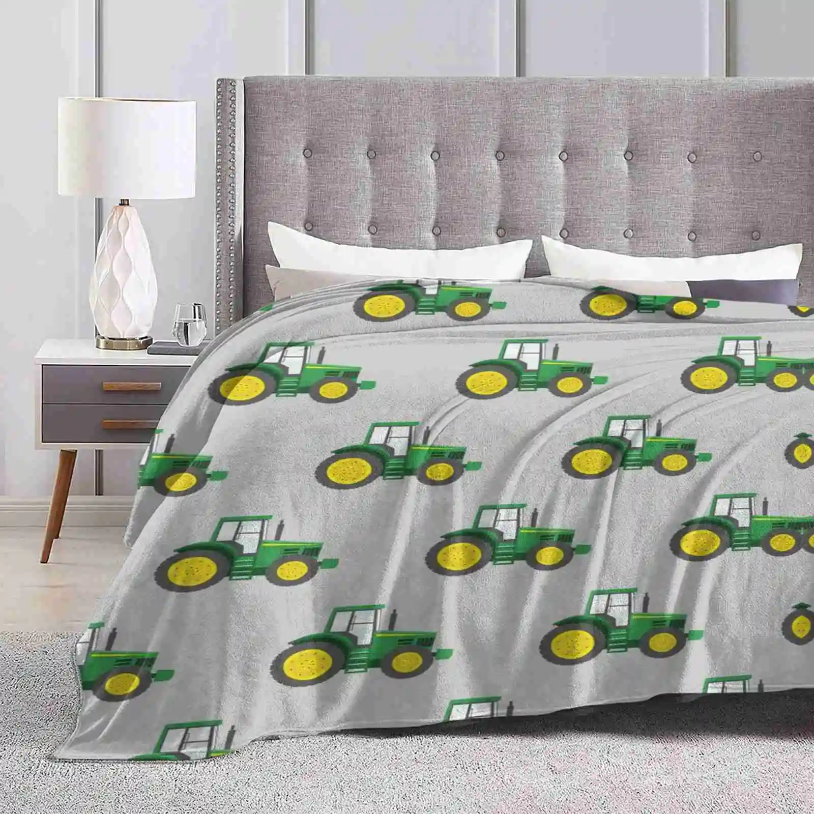 Green Tractors On Grey-Farming-Farm Themed Soft Warm Light Thin Blanket Green Tractor Tractors Farm Life Farming Farm Equipment