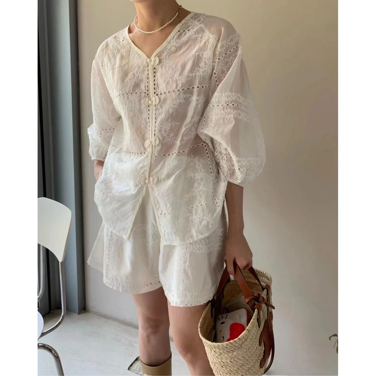 Rétro Chic été ort Sve brodé crochet creux fleur irt taille haute jambe large orts femmes Faion coréen Sle