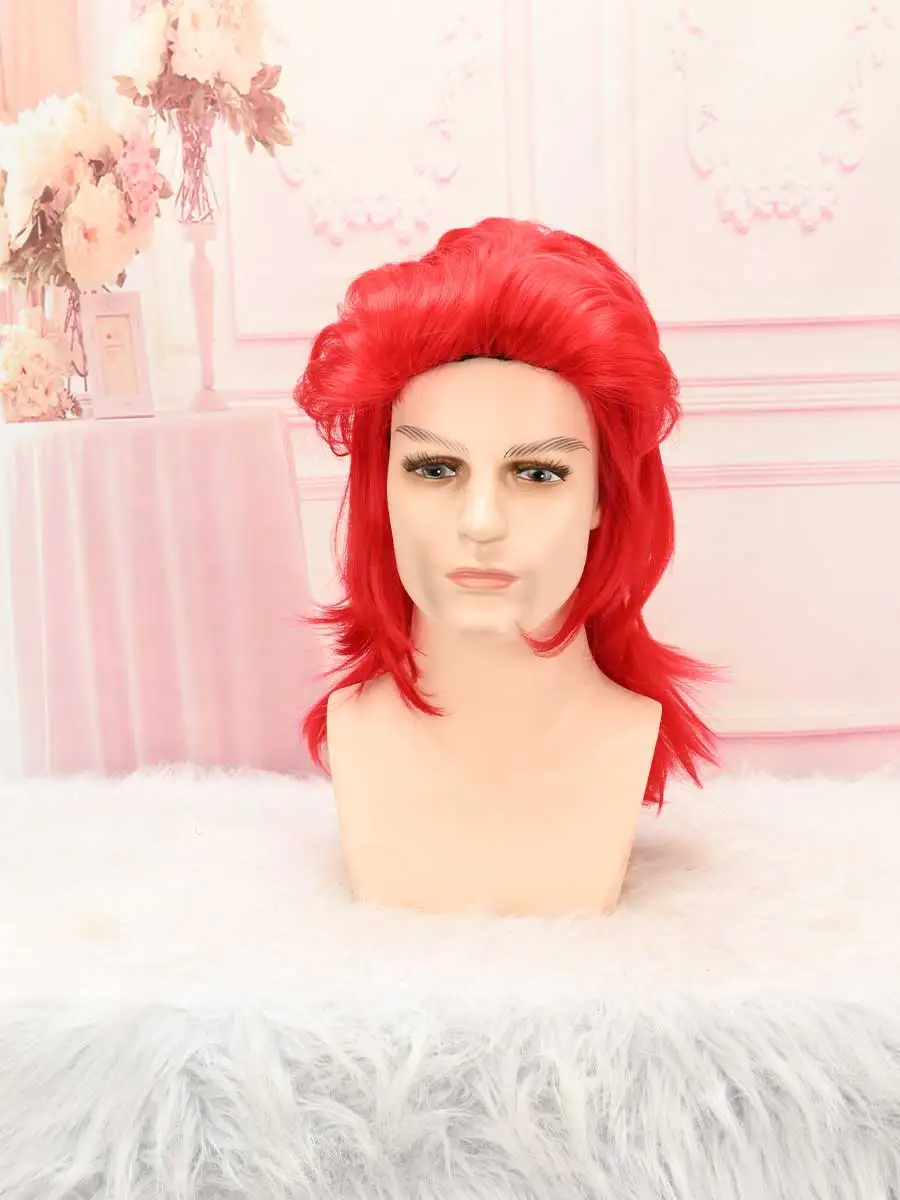 Bright Red Mens Wolf Cut Medium Long Wig Heat Resistant Layered Synthetic Wig Bold Styling For Anime Cosplay Halloween Party
