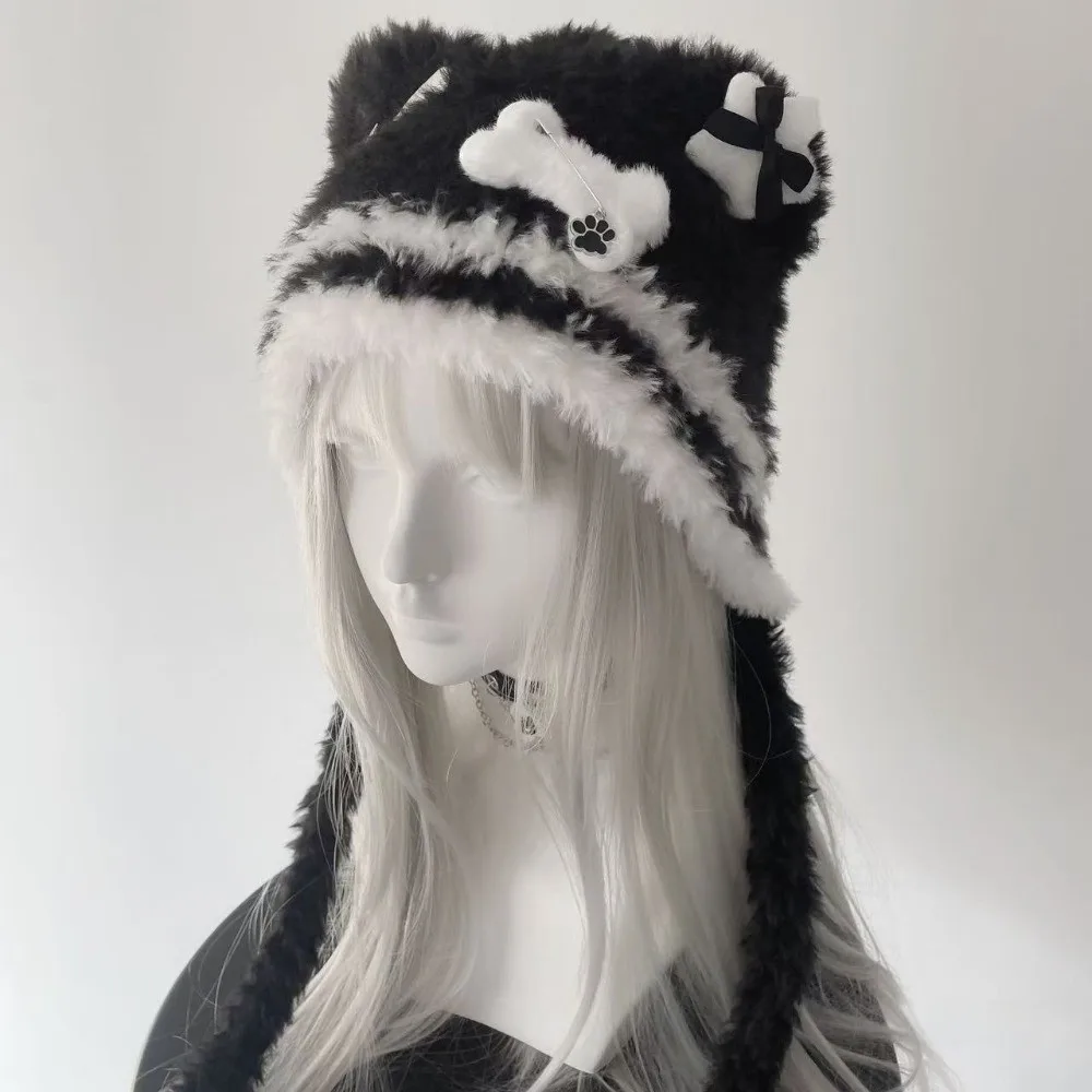 Cappello Harajuku gotico soffice e carino Cappello punk Lolita lavorato a maglia Cappello a cuffia stile Y2K con stella a croce in osso