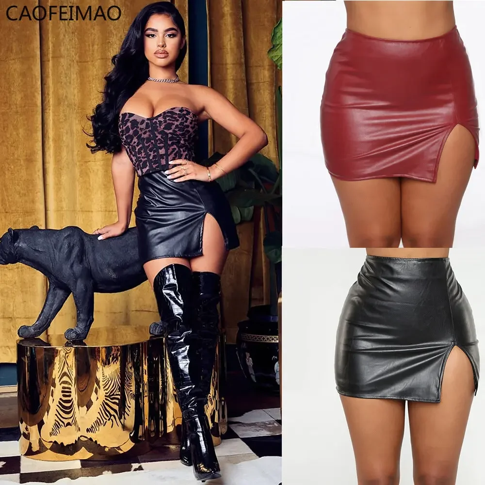 

Юбка с высокой талией 2025 Women Leather Night Clubwear Skirts Summer Pure Color PU-leather Zipper Sexy Hip Leather MIni Skirts