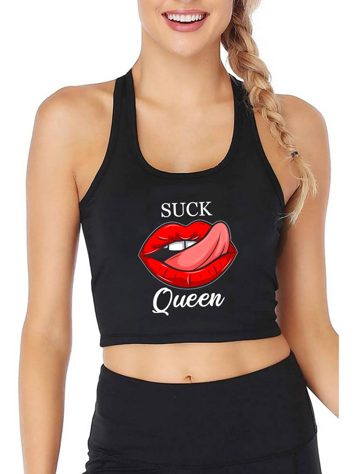 

Suck Queen Print Fun Flirting Tank Top Women Fashion Sexy Crop Tops Summer Sports Yoga Training Shirt Crop Tee