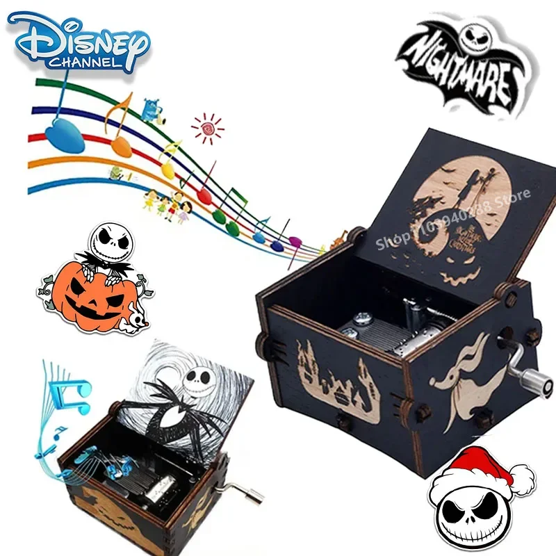 Disney Nightmare Before Christmas Music Box Cute Cartoon Vintage Laser Engraved Wooden Hand Crank Halloween for Birthday Gift