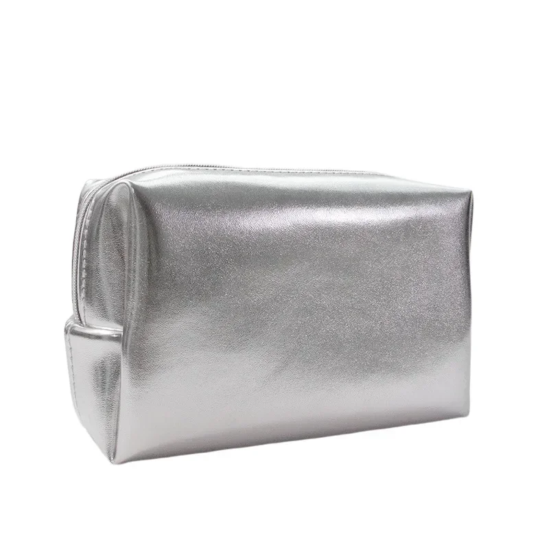 Washing Makeup Bag for Women Soft Leather Cosmetic Bag Silver Large Capacity Cosmetic Storage Bag Travel Makeup Pouch Handbag