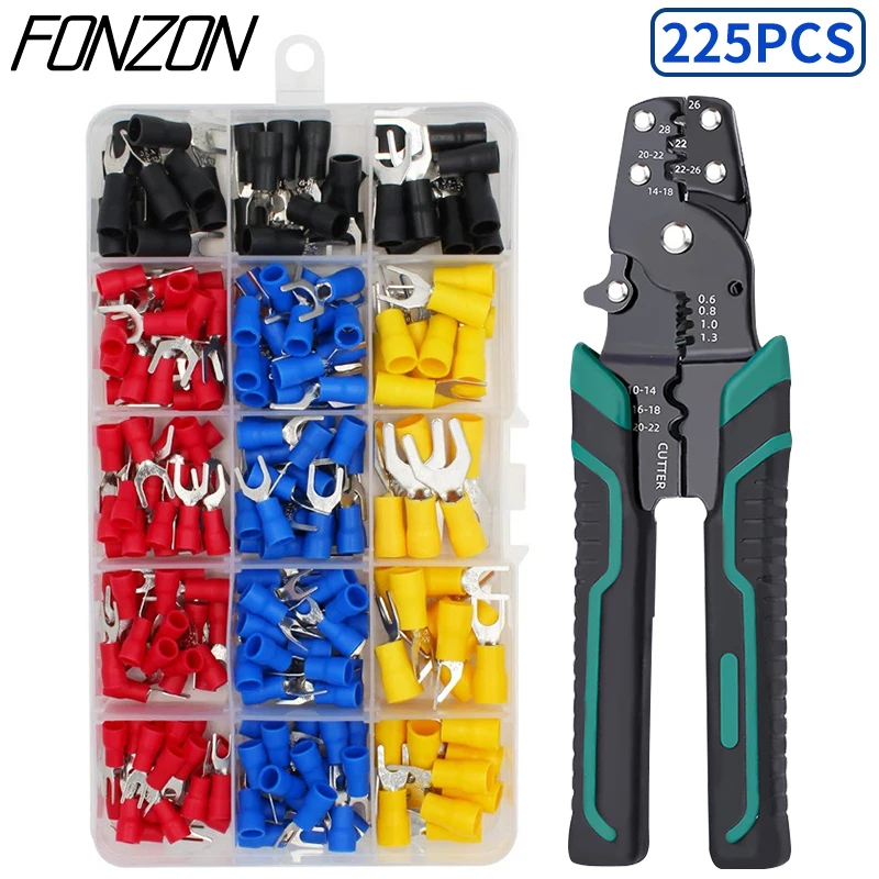 200pcs Insulated Cable Connectors Kit With Wire Stripper Crimp Terminals U-Shaped Fork Spade Terminals AWG22-10 M3 M4 M5 M6 M8