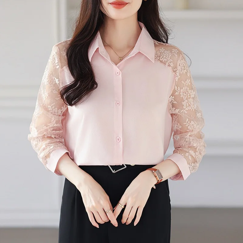 

French Style Long Sleeve Chiffon Shirt for Women Elegant Lace Hollow Splicing Commute Top Breathable Soft Ladies Fashion