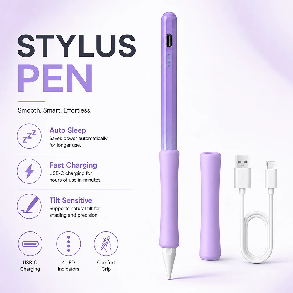 Tilt Sensitive Stylus Pen for iPad, USB-C Fast Charging Auto Sleep Touch Pencil with Silicone Grip Holder Drawing Stylus Pen