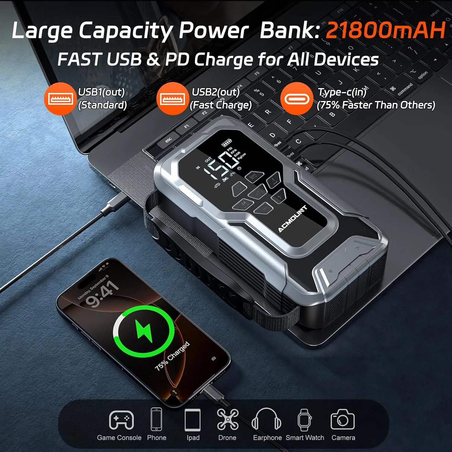 Jump Starter مع ضاغط هواء، معزز بطارية 6000 أمبير 12 فولت، منفاخ 150 رطل لكل بوصة مربعة، شاشة LCD وإضاءة LED، طاقة محمولة 21800 مللي أمبير في الساعة