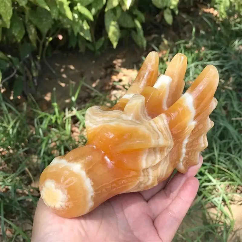 

Natural Orange Calcite Dragon Skull Carving Head Animal Statue Faucet For Room Decoration Holiday Gifts 1pcs