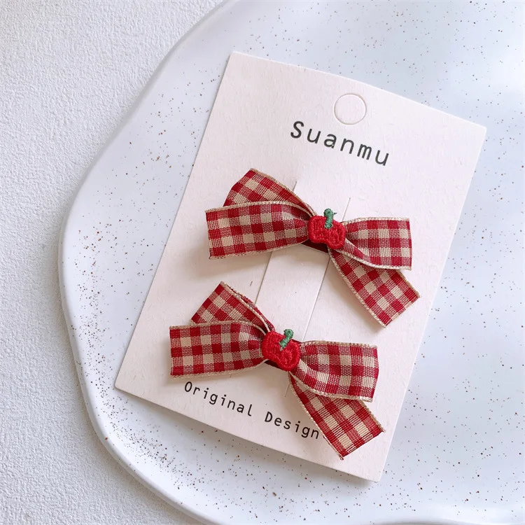 

Набор для волос с бантиком, 2 шт., заколки для волос в красную клетку с вишней и резинкой для волос для ежедневного использования для девочек