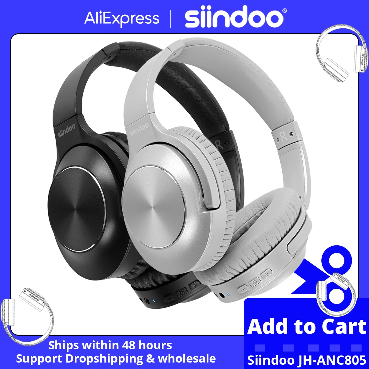 Siindoo JH-ANC805 Active Noise Cancelling Wireless Headphones Over Ear with Mic BT 5.3 HiFi Stereo Headset Deep Bass 2 Colors