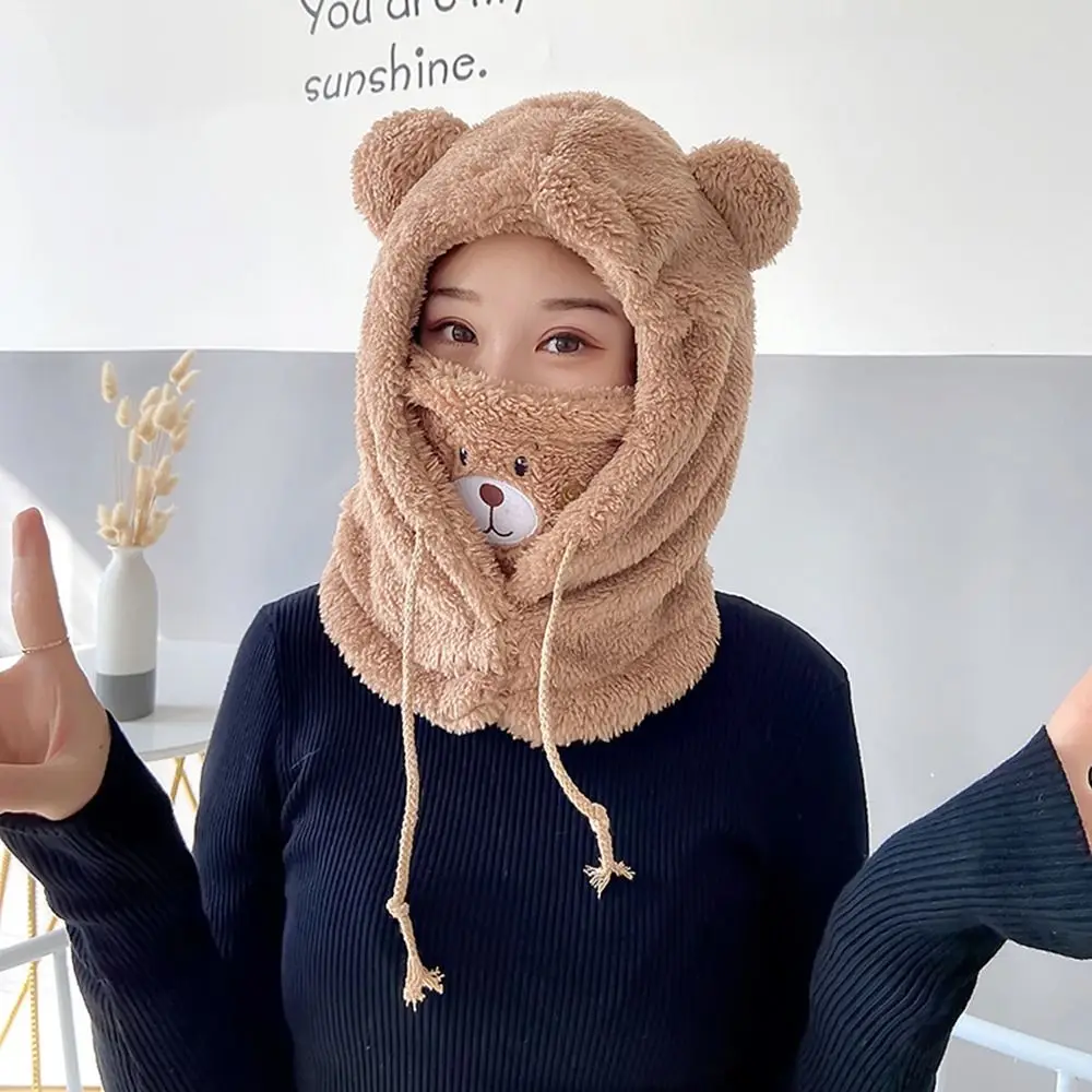 قبعة عصرية على شكل آذان الدببة القطيفة سميكة مقاومة للرياح قبعات شتوية كرتونية تحافظ على الدفء قبعة بيني للنساء والفتيات