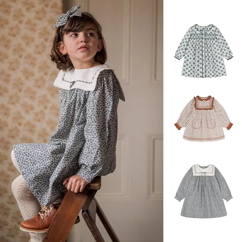 

OUYANG&IVAN Children's Dress 2025 Spring New Garden Style Floral Long Sleeve Dress Girls Casual Square Collar Dress