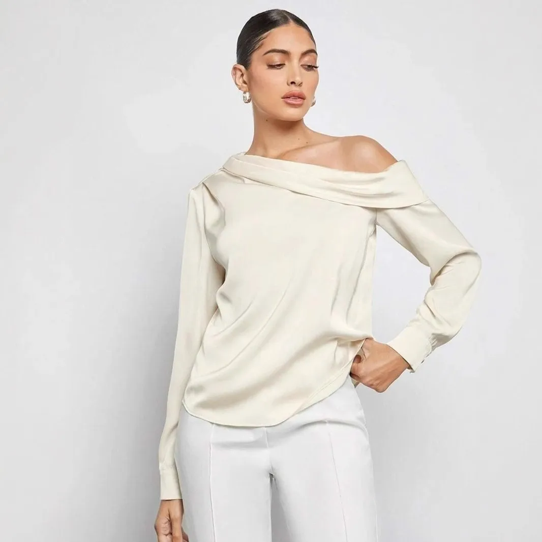 Women's Elegant Off Shoulder Asymmetrical Satin Blouse Solid Color Collarless Pullover Women Shirt Top Slim Fit Dusty Rose