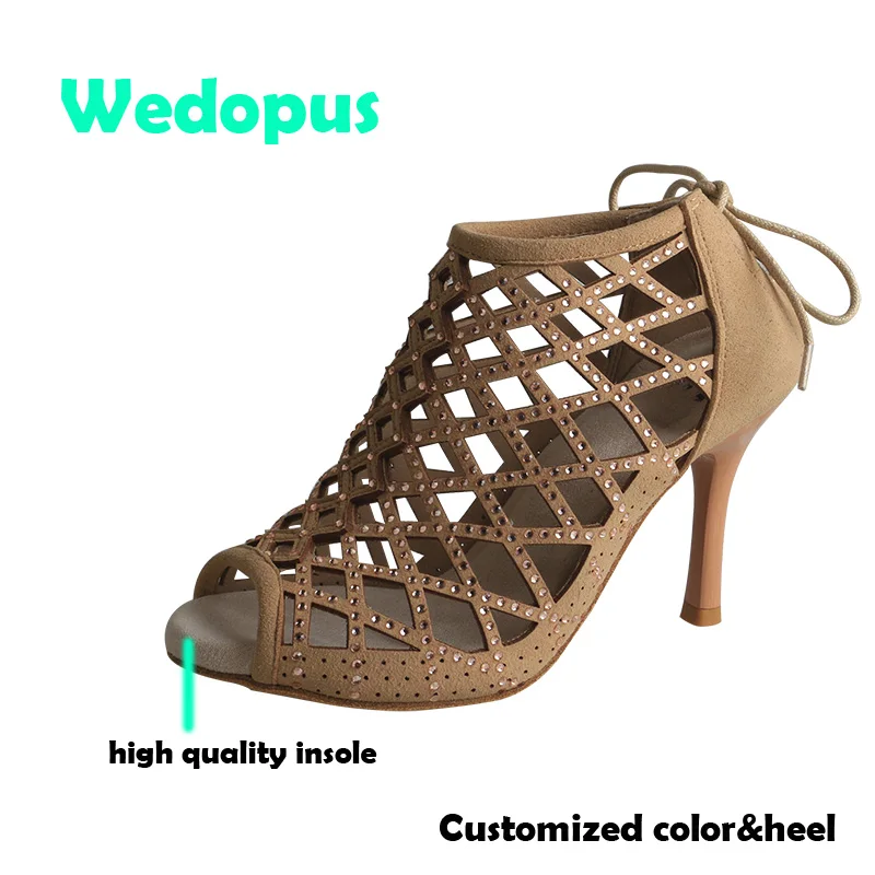 

Wedopus Customized Heel High Quality Latin Dance Shoes Woman Boots Peep Toe Fashionable Dance Ankle Boots High Heels