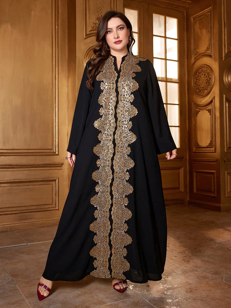 TOLEEN Plus Size Dames Bloemen Gepatchte Lange Mouw Bescheiden Jurk 2024 Nieuwe Luxe Elegante Geborduurde Losse Arabische Maxi Jurken