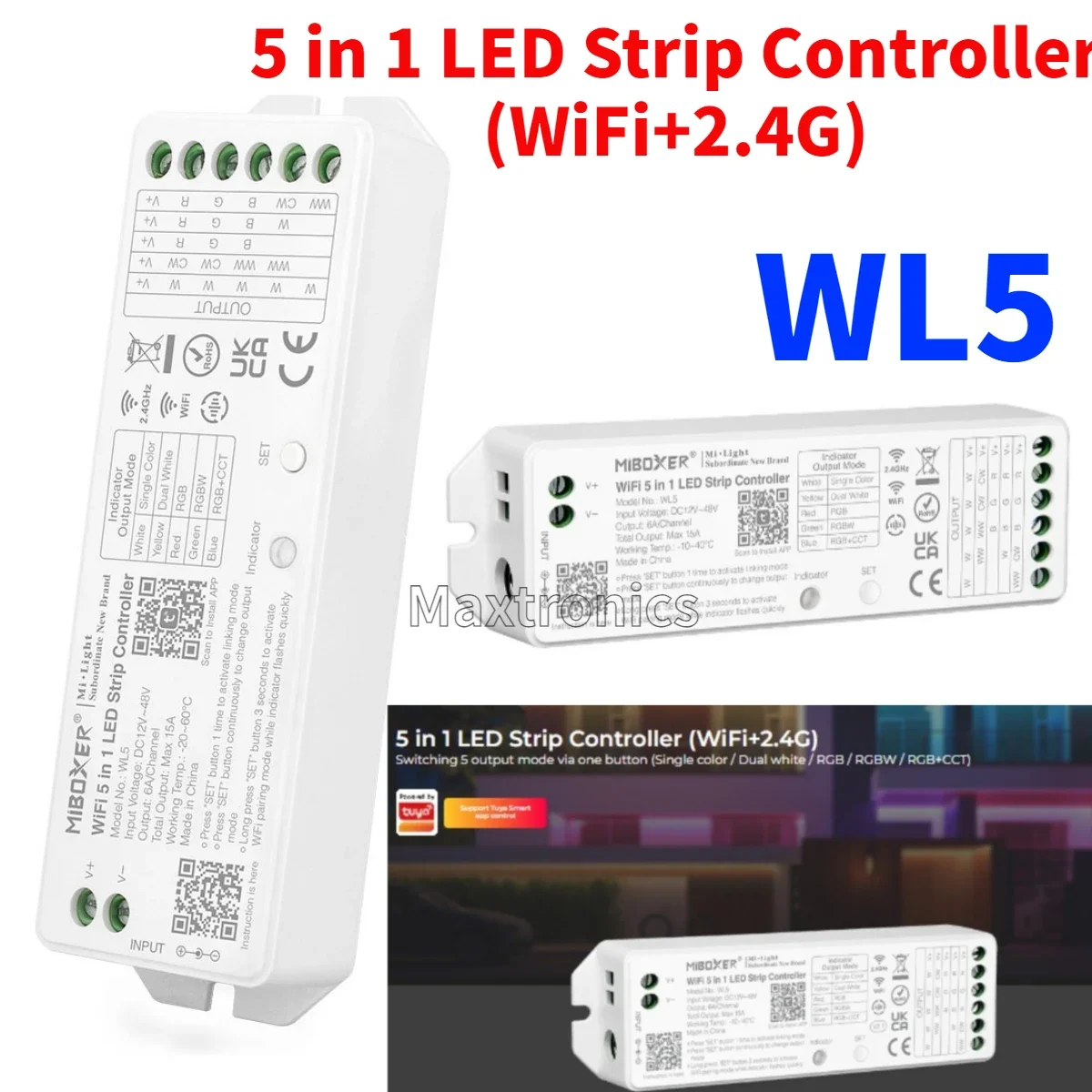 Controlador LED WiFi WL5 Miboxer 2,4G 5 en 1, aplicación/TUYA/Control de voz de terceros para tira de luces LED RGBW RGB + CCT RGB de un solo/doble Color