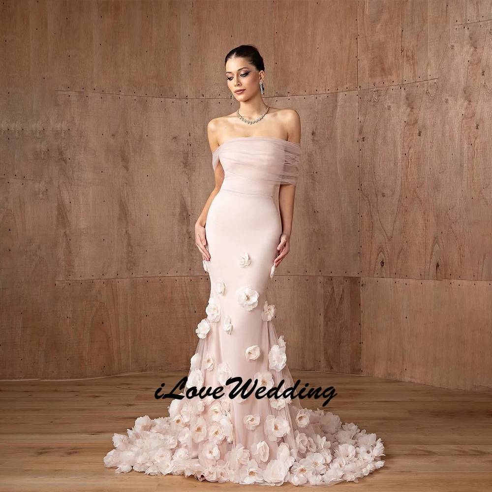 Maßgeschneiderte luxuriöse Damen-Abendkleider, schulterfrei, Meerjungfrau, romantisch, 3D-Blume, formelles Kleid, Reißverschluss, Rosa, Neueste 2026