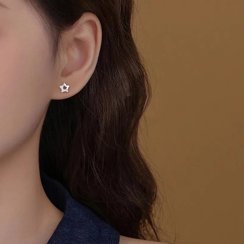 Mini Cute Sterling Silver Inlaid Tiny Zircon Five-pointed Star Stud Earrings for Women Exquisite Jewelry Accessories Colorfast