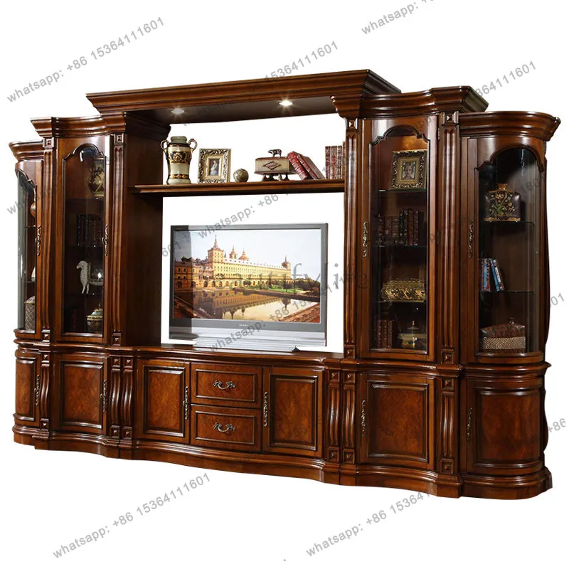 American combination TV cabinet solid wood European retro living room TV wall cabinet
