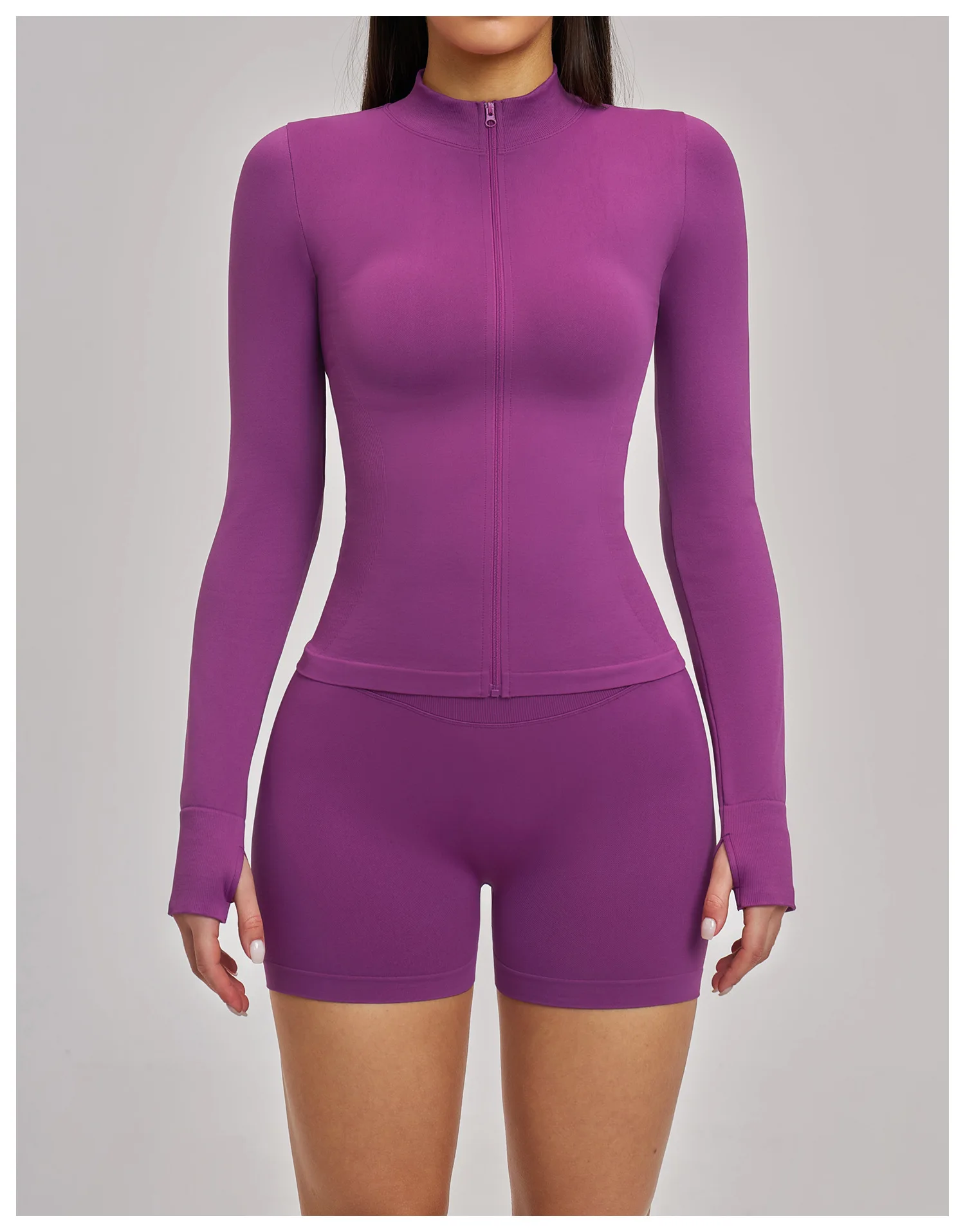 Women's Seamless Long Sleeve Yoga Top Ribbed High Neck Full Zip Slim Fit Sports Jacket Thumb Hole Workout Gym Running Activewear