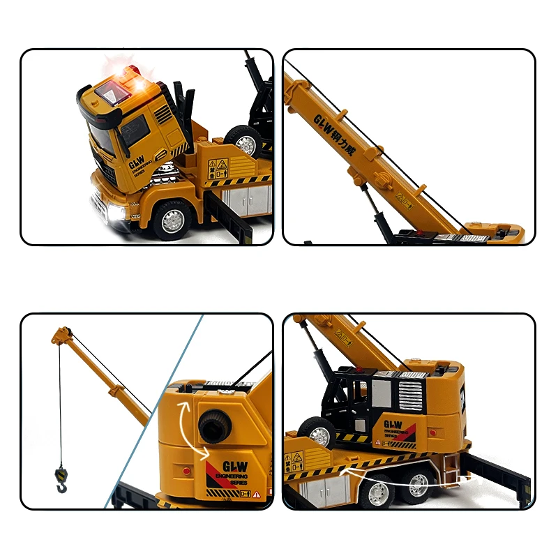 1:40 Crane Car Alloy Diecast Engineering Transport Truck Sound Light Pull Back Collection Play Vehicles Toys Gifts For Children
