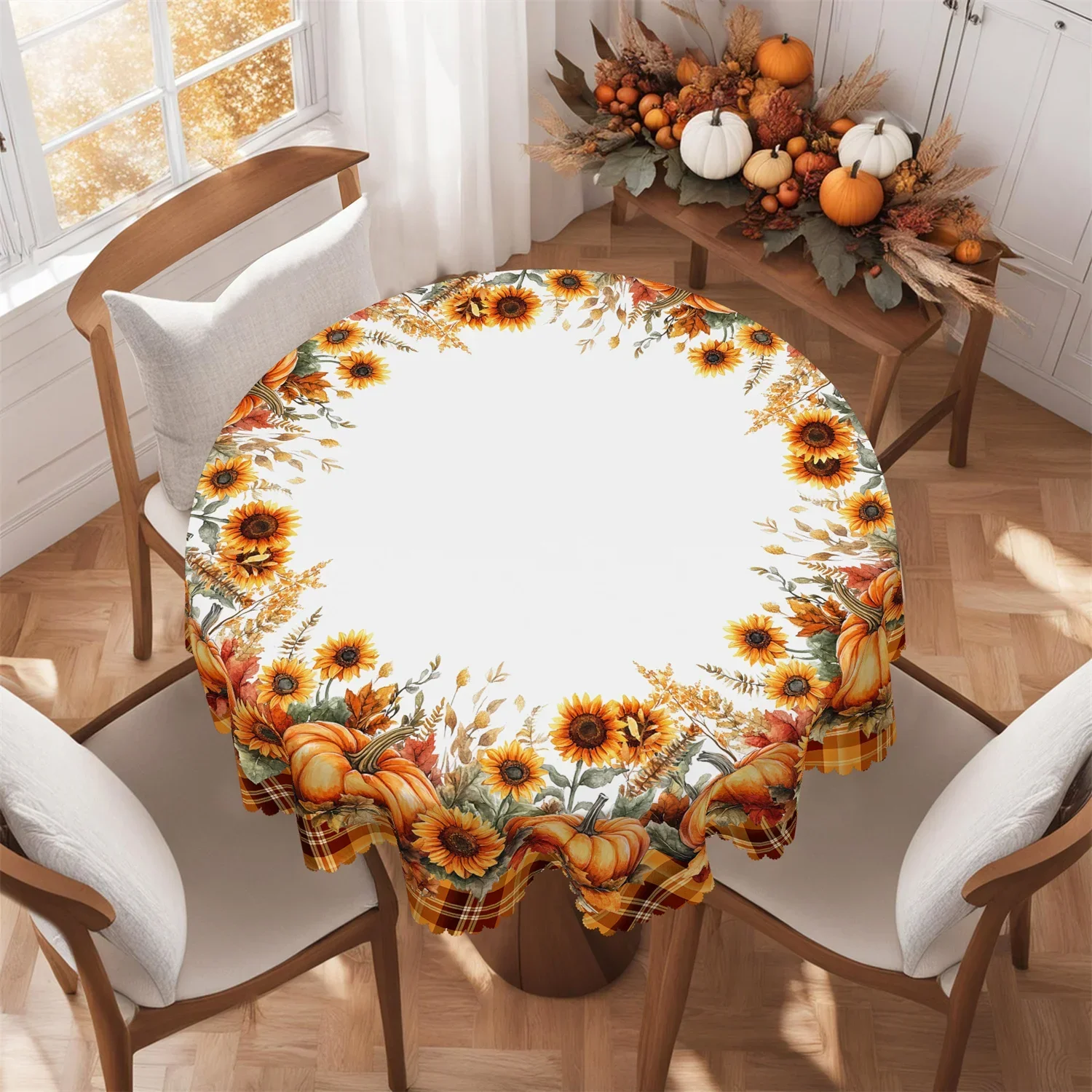 Buffalo checkered pumpkin sunflower leaf tablecloth, suitable for the autumn harvest Thanksgiving tablexzj