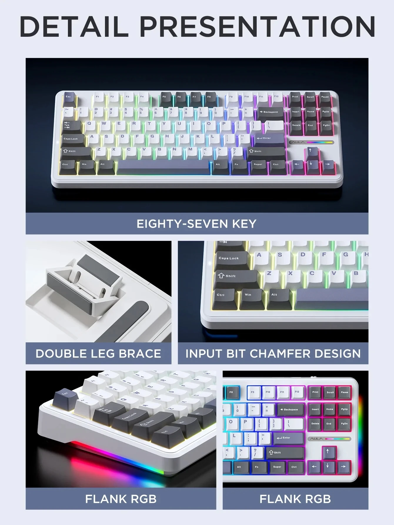 AULA F87 Pro Mechanische Tastatur, 2,4 g/USB/Bluetooth, Tri-Modus, kabellos, 87 Tasten, RGB-PBT-Dichtung, 5-lagige Schalldämpfung, volle Taste, keine Auswirkungen – Detail 14