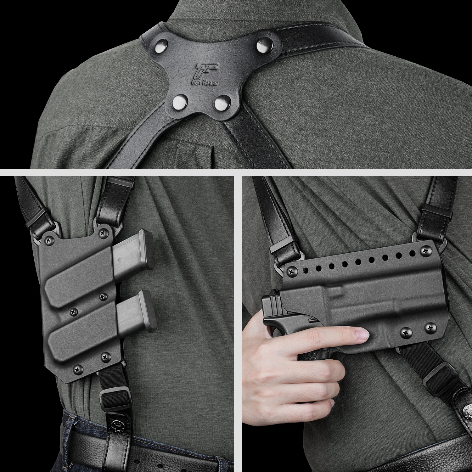 For Glock 17/19, Gun&Flower ,Shoulder Premium Leather & Kydex Concealed Carry Glock 17/19 Holder With Double Mag Pouch