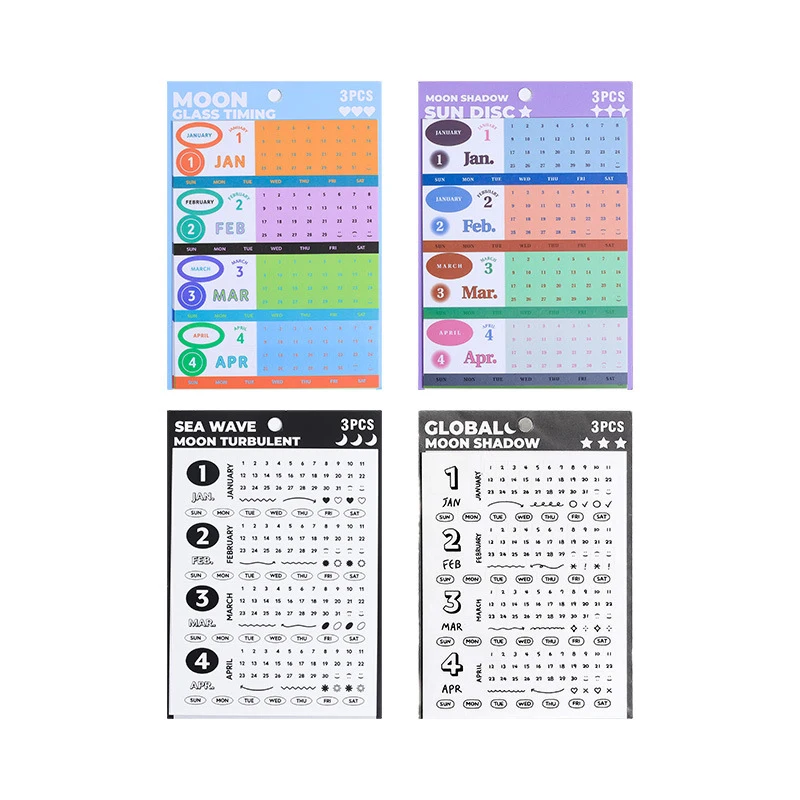 3Sheets Simple Perpetual Calendar Series Waterproof Stickers Month Display Stickers Office Home Decorations Calendars Gifts