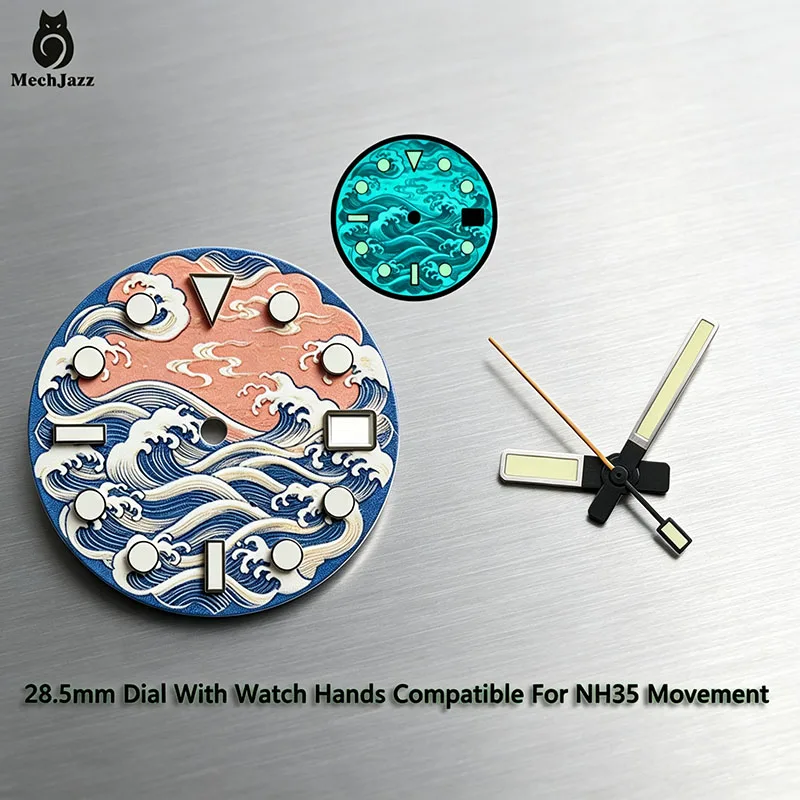 MechJazz 28.5mm Wave‑Pattern Dial With Watch Hands Set Super Luminous Compatible For NH35 Movement Mechanical Watch Mod Parts