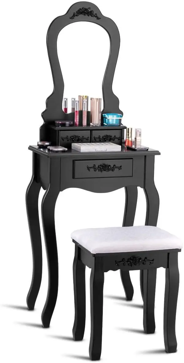 Bathroom Vanity Wood Makeup Dressing Table Stool Set with Mirror (Black)