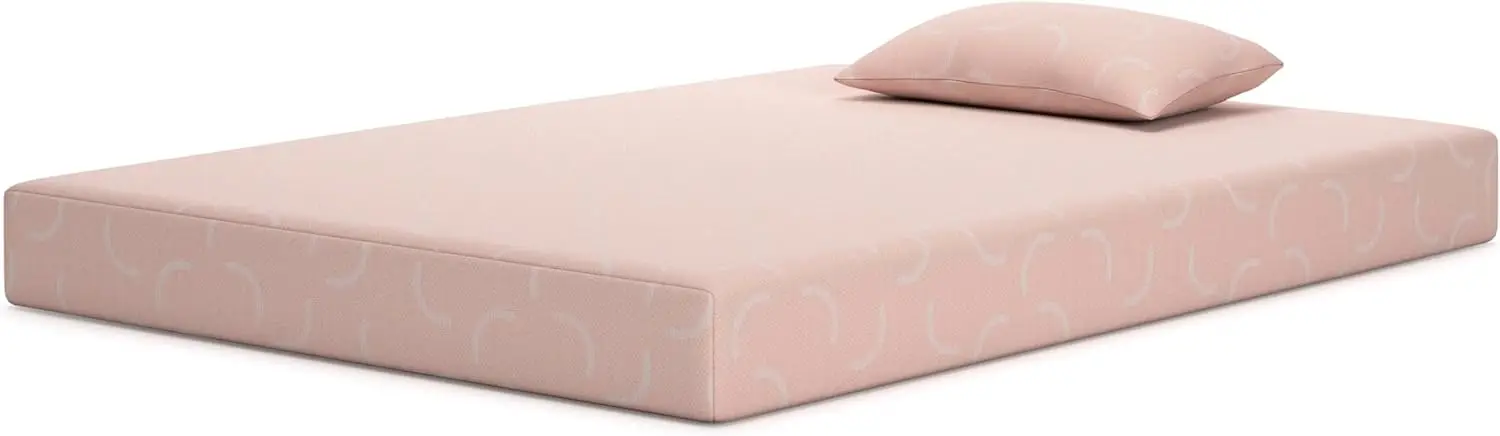 Twin Size iKidz 7 Inch Firm Gel Memory Foam Mattress with Stretch Knit Cover & Pillow Included, Pink Coral