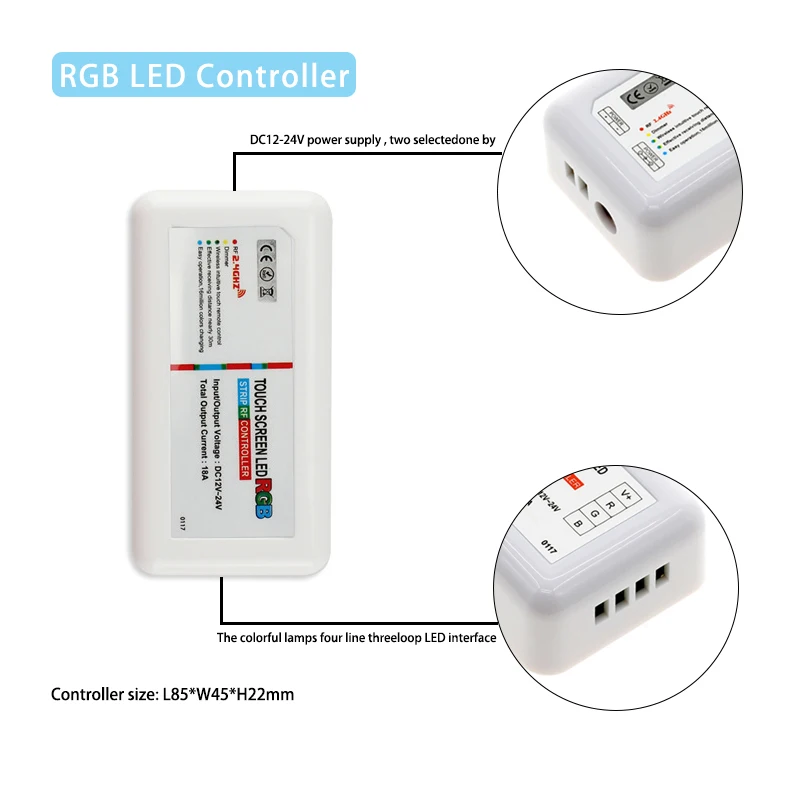 RGB LED Dimmer Controller 18A with 2.4G RF Wireless Touch Remote Control Switch for 5050 2835 Colorful Light Strip Module String