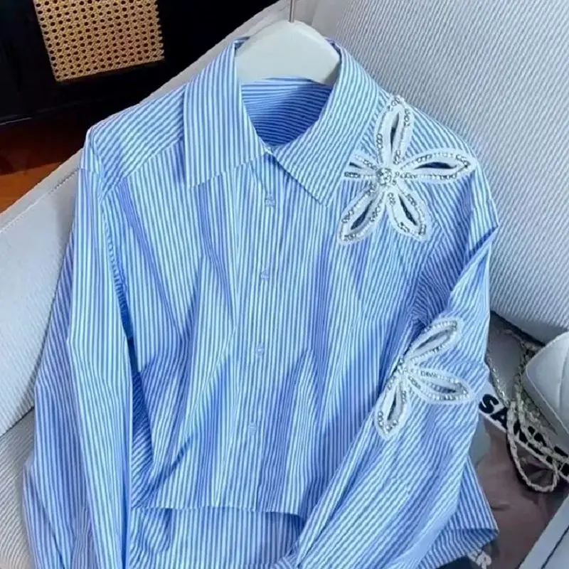 

Women Striped Hollow out Floral Single Breasted Long Sleeve Shirts Blouses For Women's Trend 2026 Spring Autumn Summer Tops