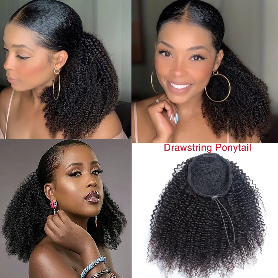 100G Afro Keriting Keriting Kolor Ekor Kuda 12 14 16 Inci Rambut Manusia Remy Mongolia Rambut Ekor Kuda Klip Dalam Ekstensi Rambut