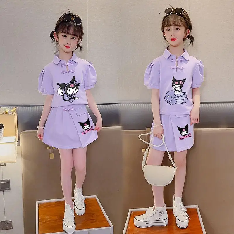 2Pcs Anime Sanrioed Girls Short Sleeve Skirt Outfit Hellokittys Kuromi Cute Jk Skirt Fashion Dress Kids Clothes Pleated Skirt