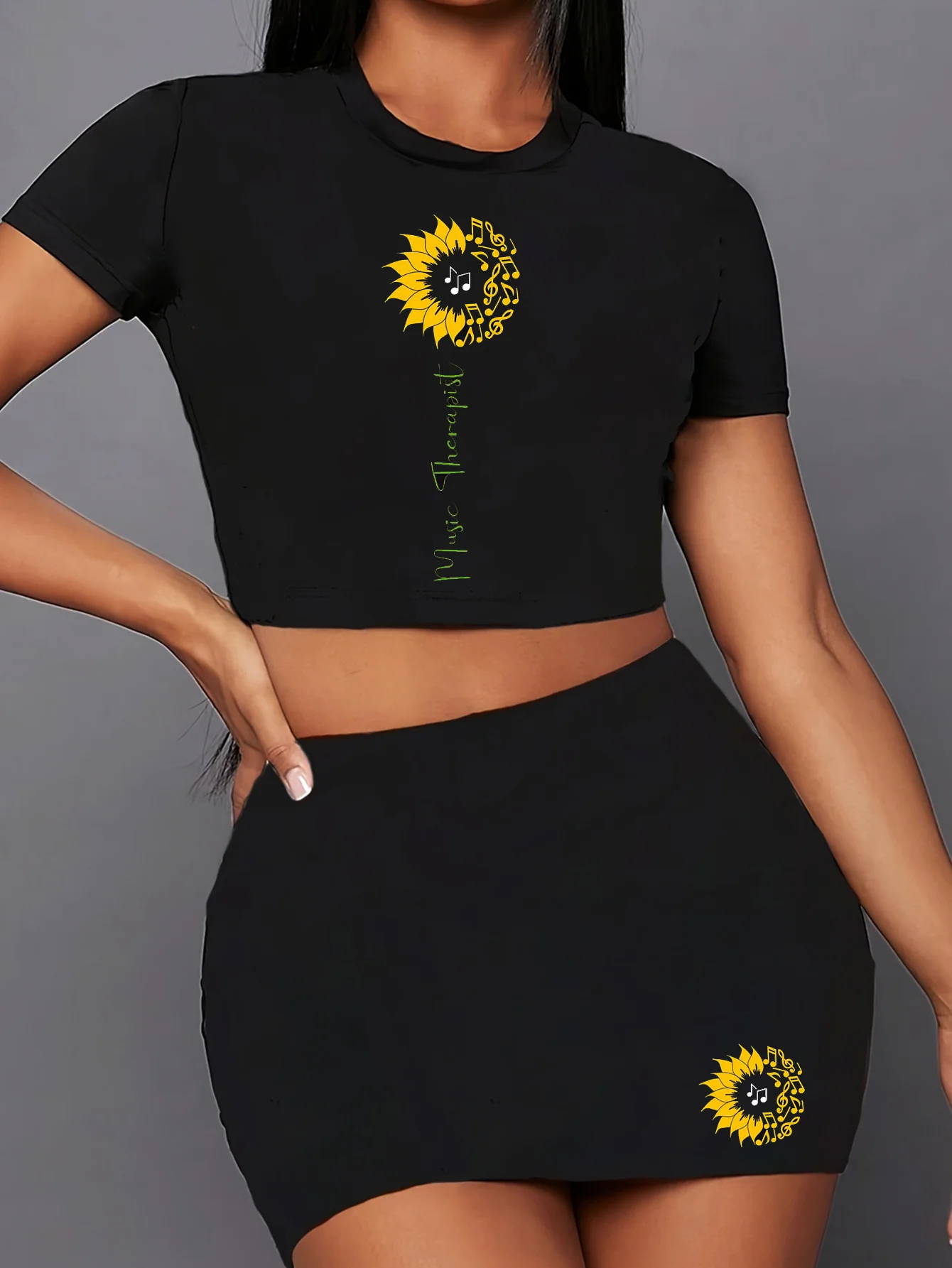 music therapy sunflower letter print two piece set, short sleeve round neck t-shirt & skirts, women's clothing