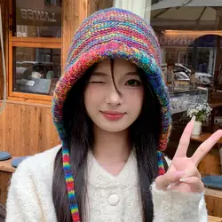 Women Winter Hat Elastic Rainbow Color Knitted Lace Up Strap Beanie Elastic Dome Soft Warm Windproof Foldable Lady Cap 비니