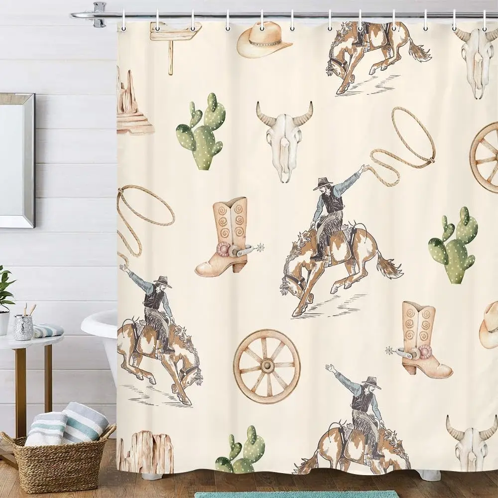 ستارة دش رعاة البقر الغربية، ستائر حمام كاوبوي رعاة البقر في الغرب المتوحش، حمام Farmhouse Country American West Theme