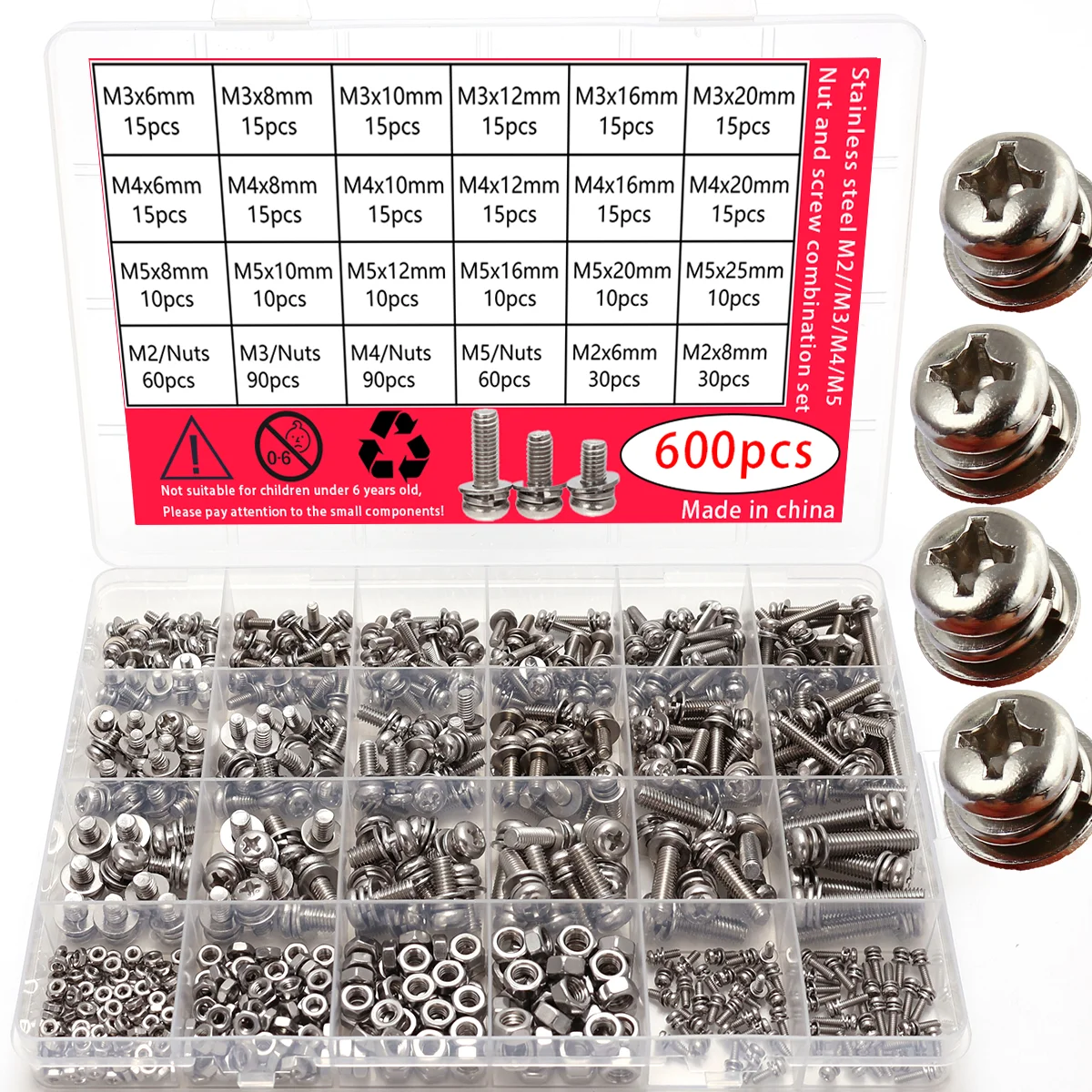 600 Pcs Stainless Steel Cross Head Three-Combination Bolt and Nut Combination M2/M3/M4/M5 Pan Head with Flat Washers