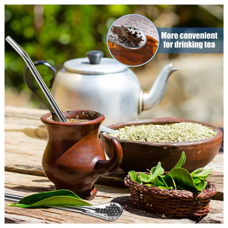 ABCA-Reusable Stainless Steel Yerba Mate Tea Drinking Straws 7.2 Inch 10Pcs Multifunctional Straws Spoon Strainer