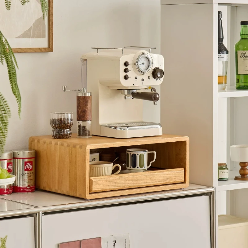 FAS Grade Ash Wood Coffee Machine Riser Drawer Storage Box 50KG Load Capacity 1.5cm Thick Board Japanese Tea Cup Organizer
