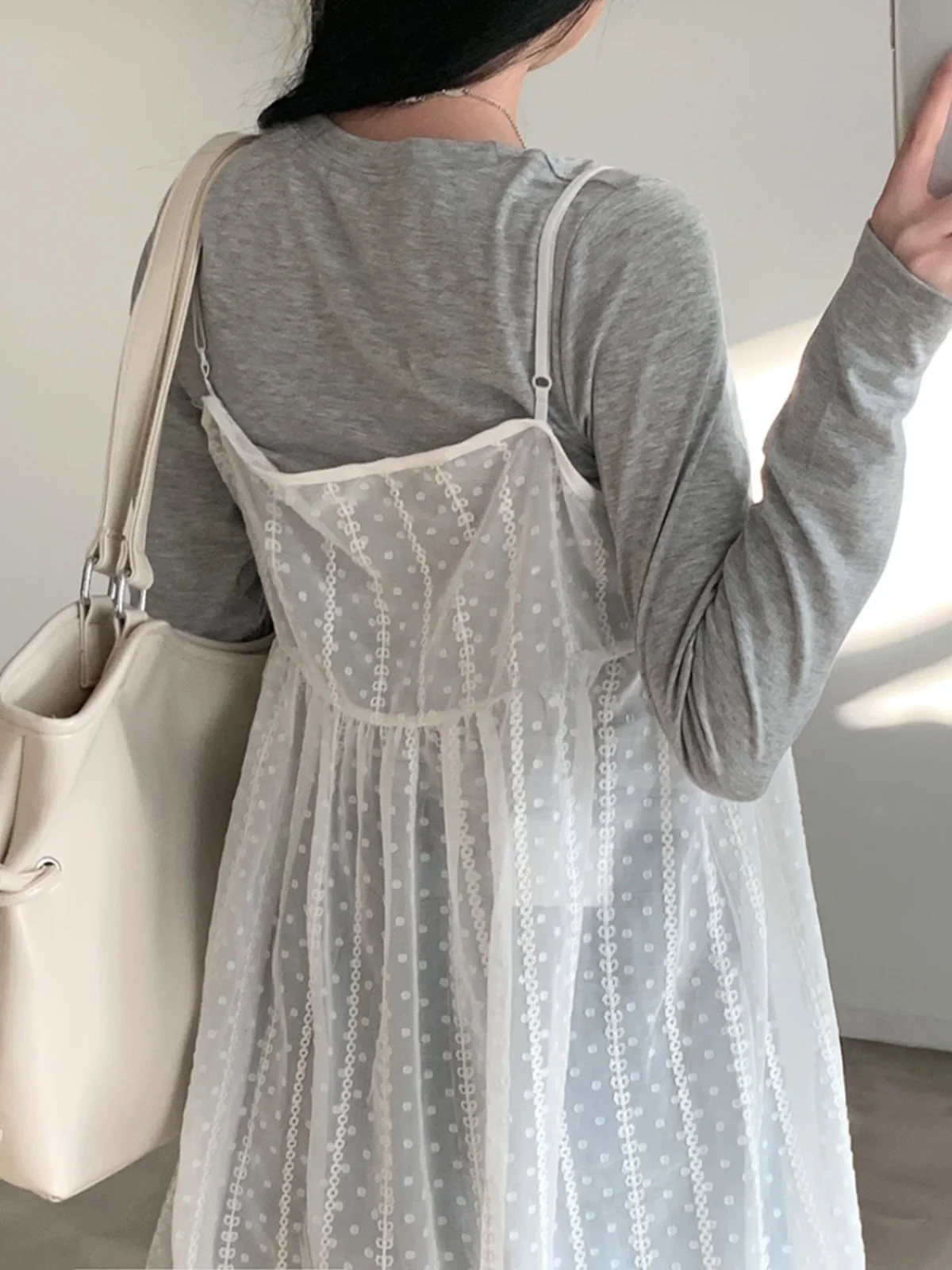 Vestido f com decote ter, renda, psado, malha, com bolinhas em camadas, estilo jovem, sem mangas, poliéster.